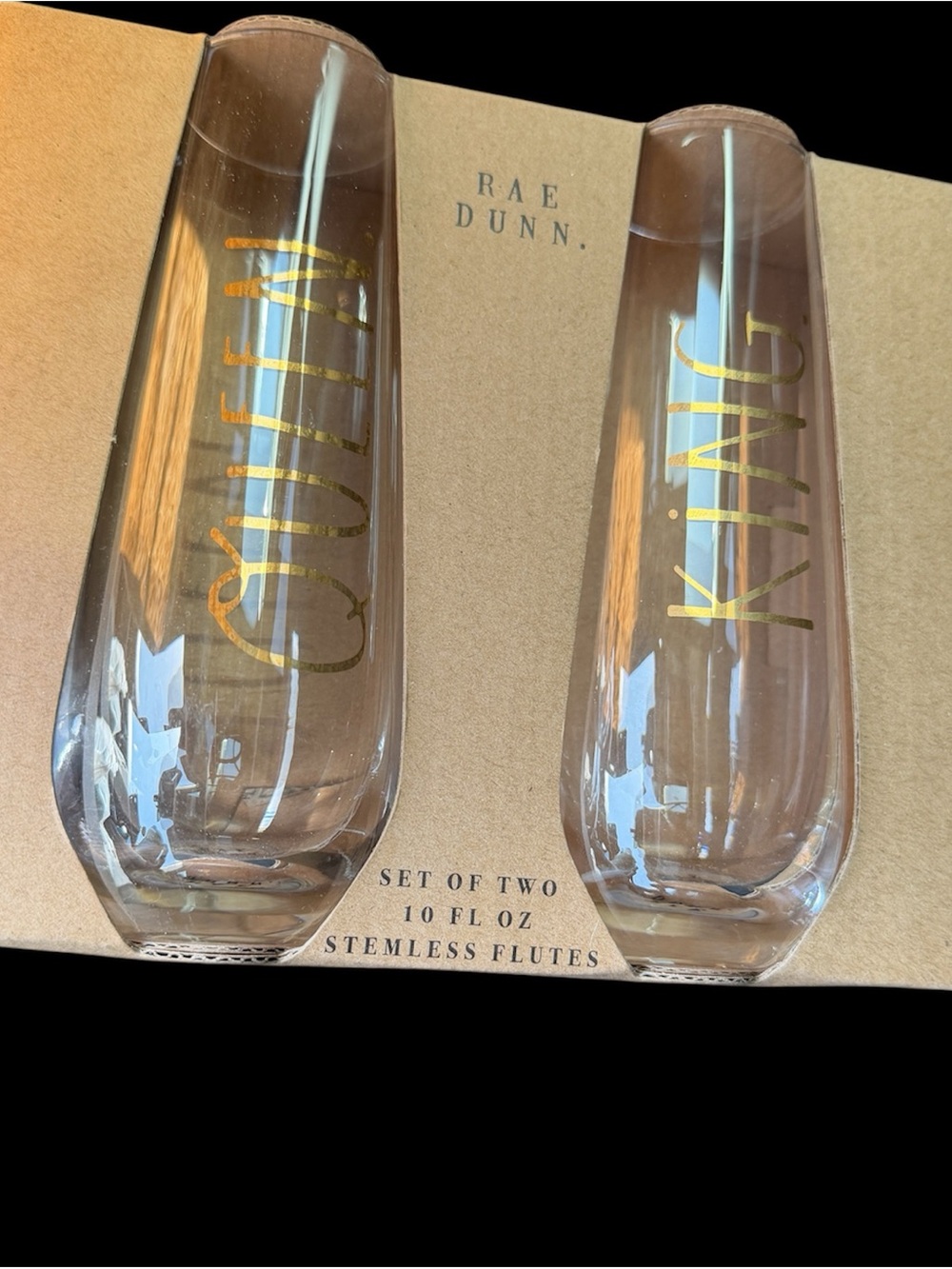 Rae Dunn Clear Stemless Flutes with Gold Script - Set of 2 KING & QUEEN